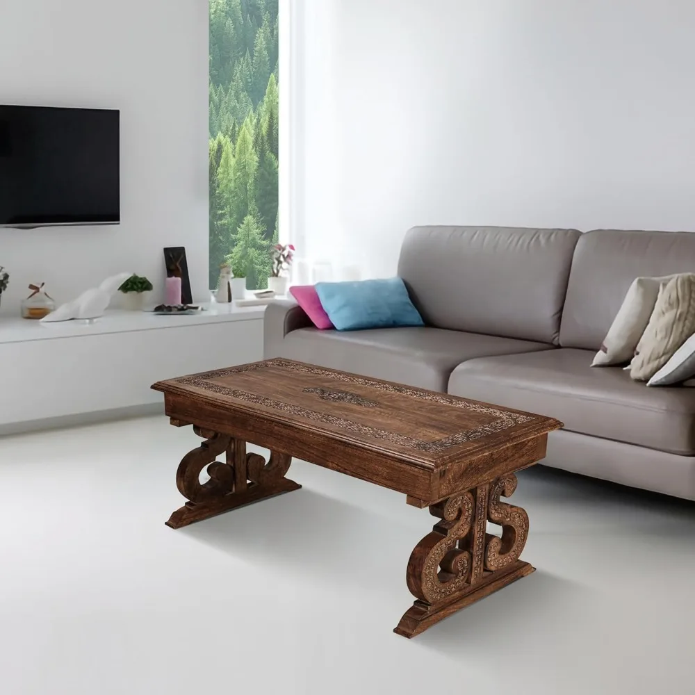 Vintage Mango Wood Rectangular Coffee Table - Rustic Living Room Centerpiece with Detailed Carving