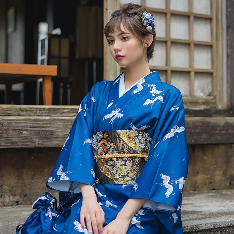 Femmes Traditionnel Japon Style Kimono Robe Photographie Robe Cosplay Costume Bleu Foncé Couleur Grue Imprime Vintage Robe