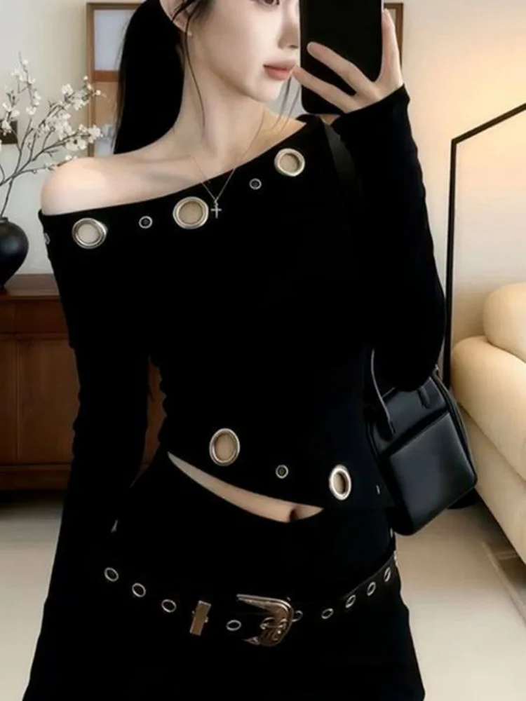 Women's Long Sleeve T-shirt 2026 Spring Black Asymmetrical Shoulder Fleece Top Luxury Premium Chic Unique Long Sleeve T Shirt