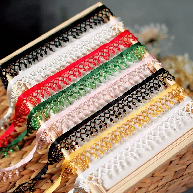 50cm Gold Pink Green Silk Fringe Trim Pearl Tassle Beaded Lace Ribbon Sewing Dance Clothing Edge Curtain Pearl Pendant Tassels