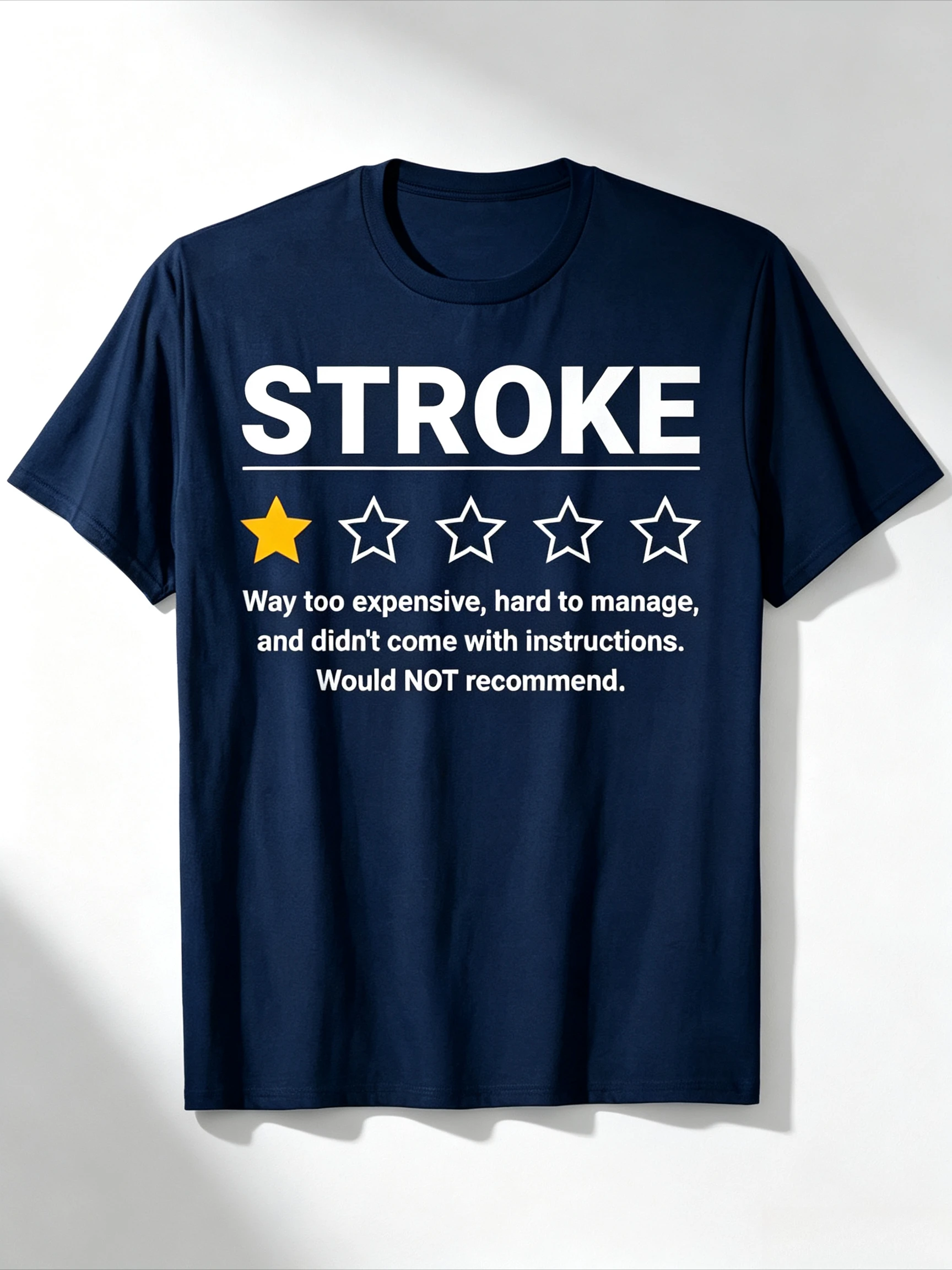 Funny Stroke Awareness T-Shirt Would Not Recommend Humorous Brain Attack Design Rating System Casual Round Neck Tee