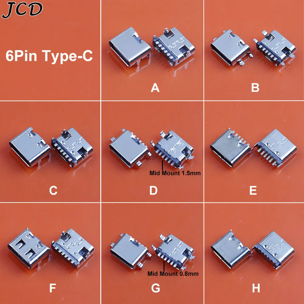 JCD 5Pcs 6Pin USB Type C Female Socket Charger Connector Plug Jack SMT DIP Charging Port  PCB Soldering Adapter