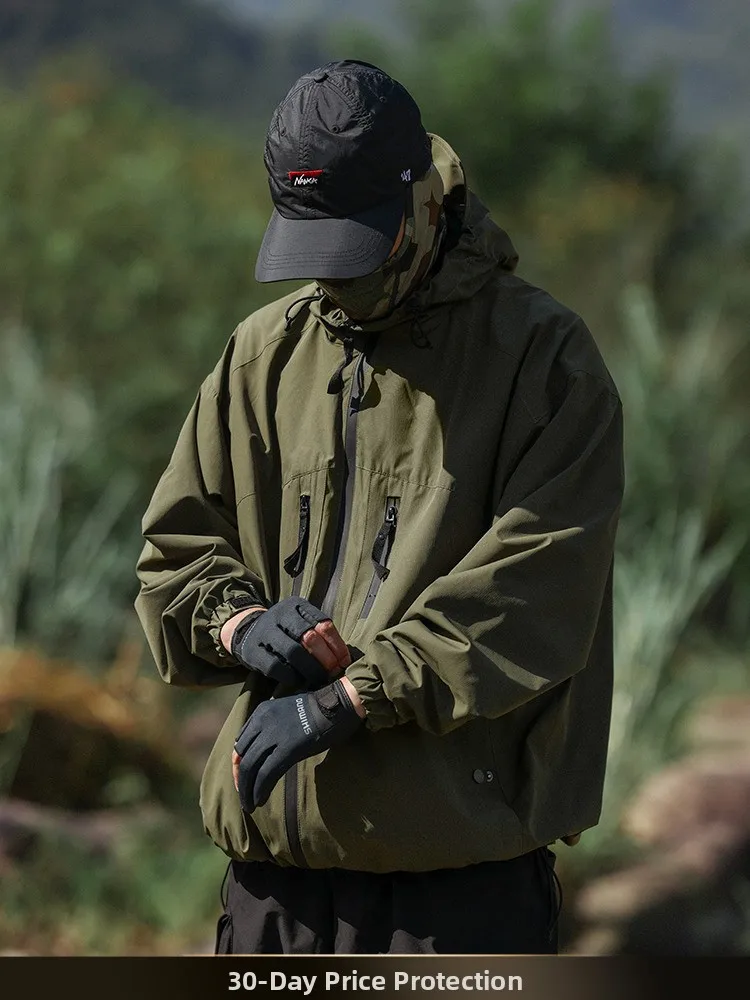 

NTED Autumn Winter New Retro Color Tee-Proof Jaet Men's Multi-ket Hooded Waterproof Trendy Polyester Fiber Coat