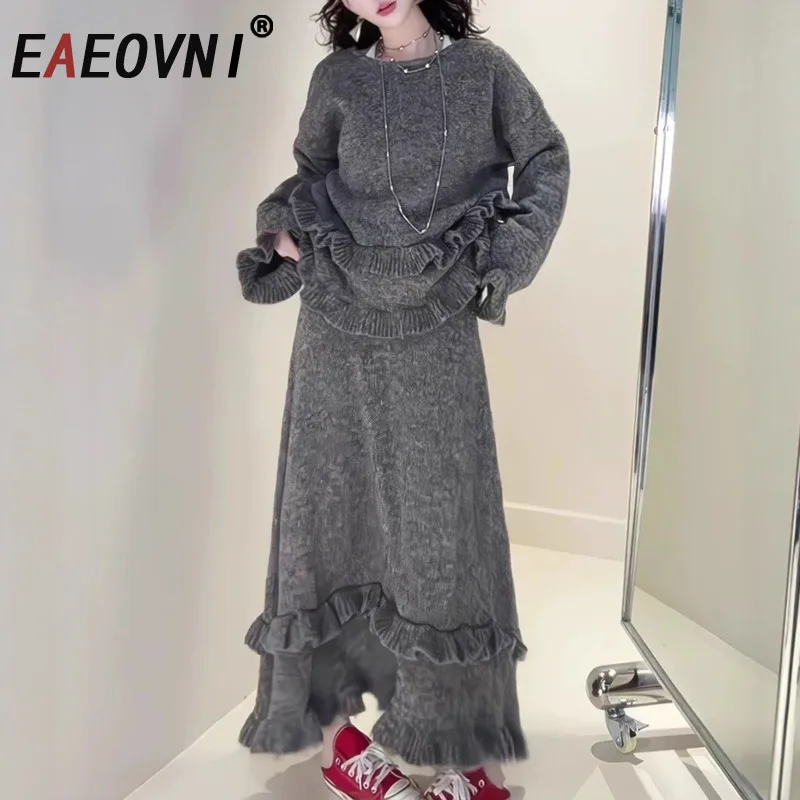 

EAEOVNI Autumn Winter New Knitted Women's Set Ruffles Patchwork Design Pullover Sweater + A Line Skirt Solid Color 2025 Clothing