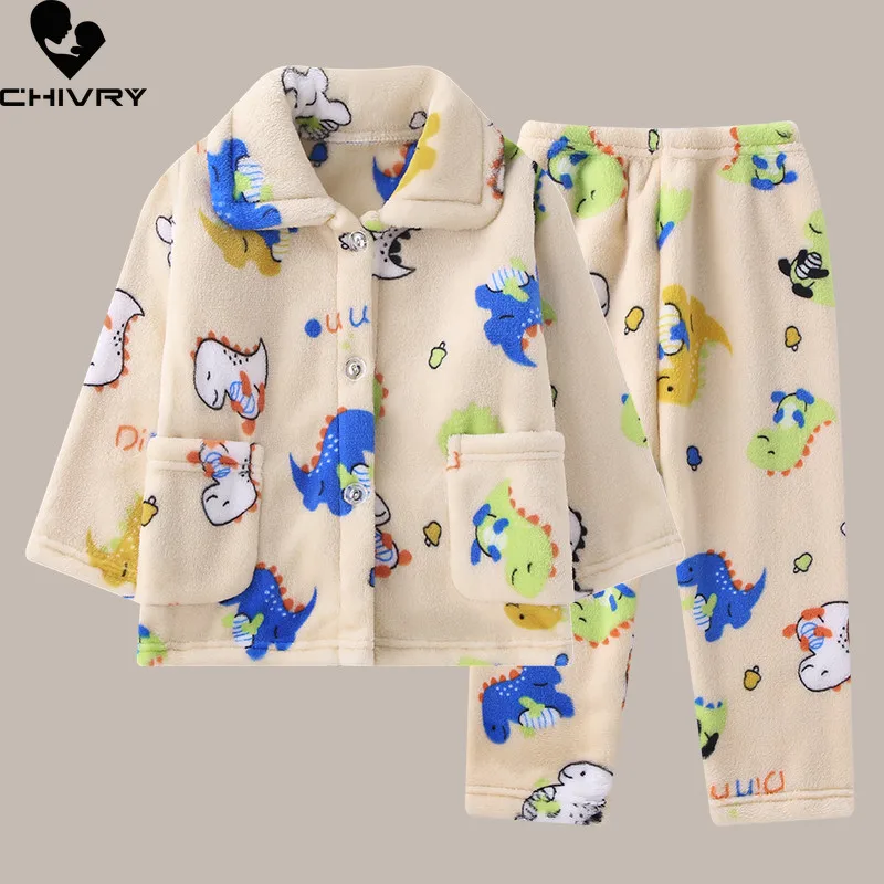 Kids Autumn Winter Soft Flannel Warm Pajamas Sets Toddler Baby Cute Cartoon Lapel Pyjamas Homewear Boys Girls Casual Sleepwear