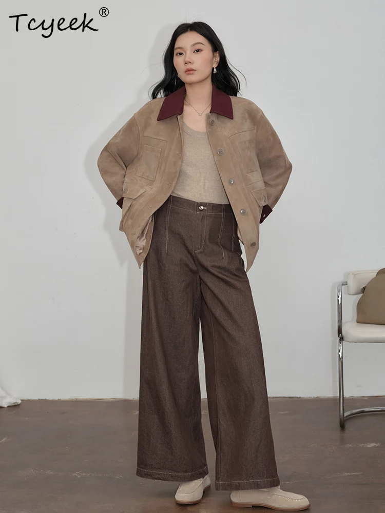 Tcyeek piel De oveja auténtica primavera otoño solapa De moda gamuza marrón chaqueta De cuero genuino para mujer chaqueta De cuero Legítimo femenina