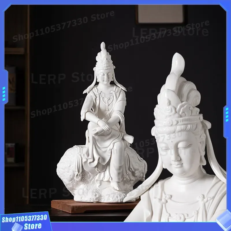 Dehua Porcelain Guanyin Buddha Statue Sitting on Rock Zen Home Decor Living Room Ornament Ceramic Bodhisattva Craft Gift