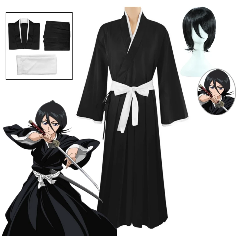 

Bleach Kuchiki Rukia Cosplay Costumes Halloween Carnival Party Men's Clothing Black Kimono Anime Show Clothing Wig Set