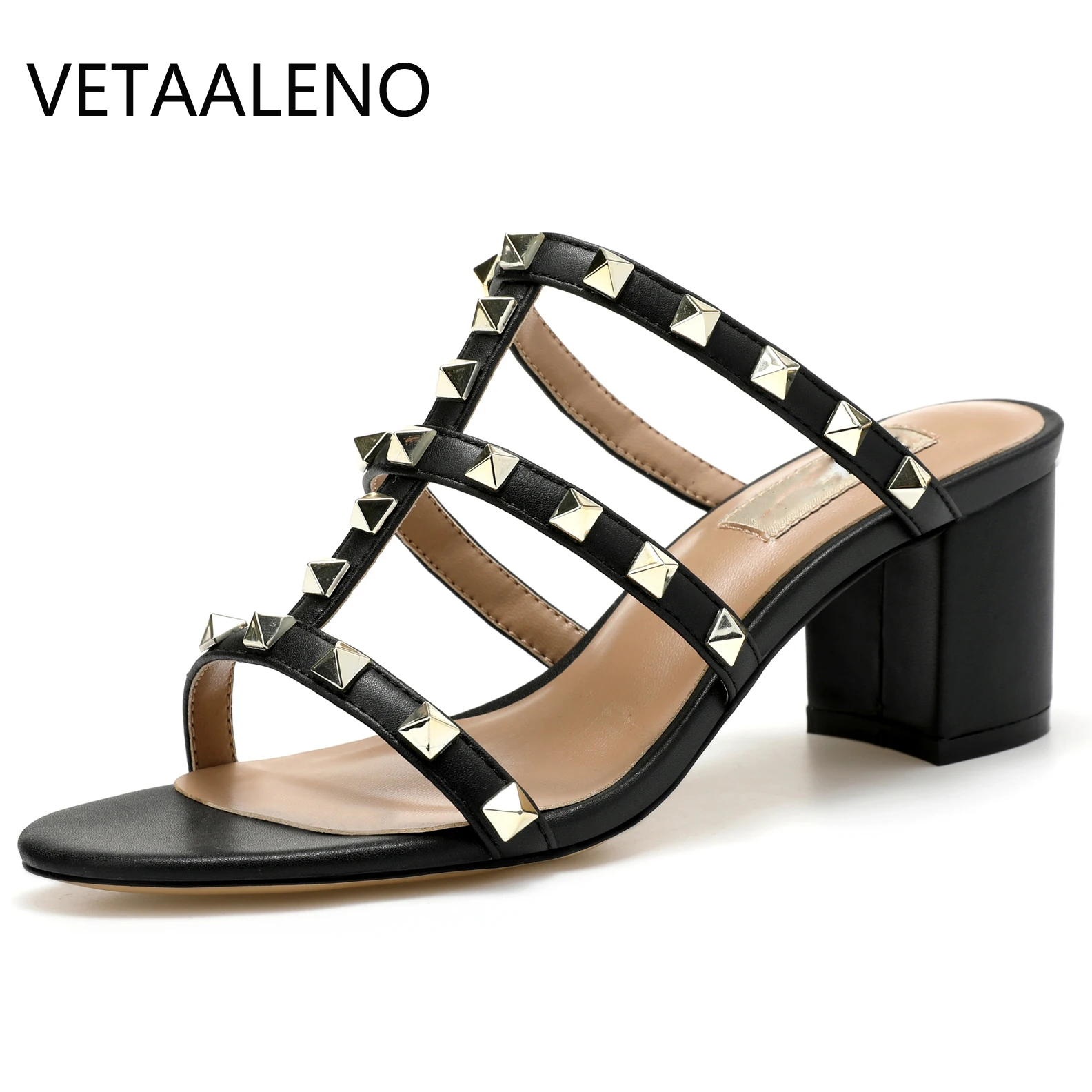 【Measure your feet length before order】Rivets Strappy Luxury Designer Women Elegant Slide Sandals Block High Heel Shoe 75-CHC-33