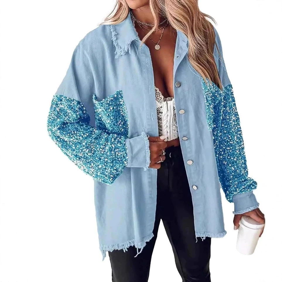 spring autumn women long sleeve Sequins denim jacket 2025 new women Splicing laple denim coat women slim jacket outwear - view 3