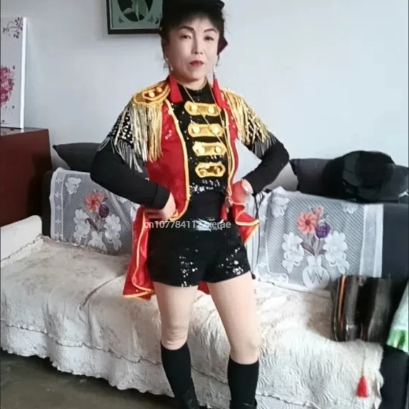 스팽글이있는 새로운 여성 재즈 댄스 의상, 테일 코트 술, 여성 성인 노출 배꼽 댄스 공연 의상 세트