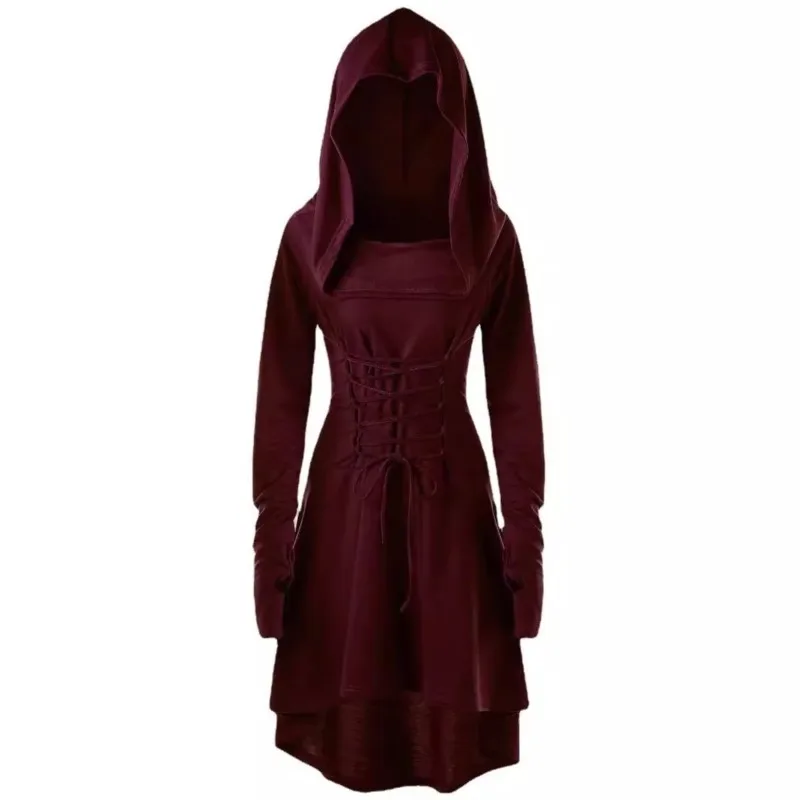 Halloween Party Long Hoodie Dress Medieval Cosplay Renaissance Archer Costumes Hooded Robe Lace Up Pullover Cloak Party Vestidos