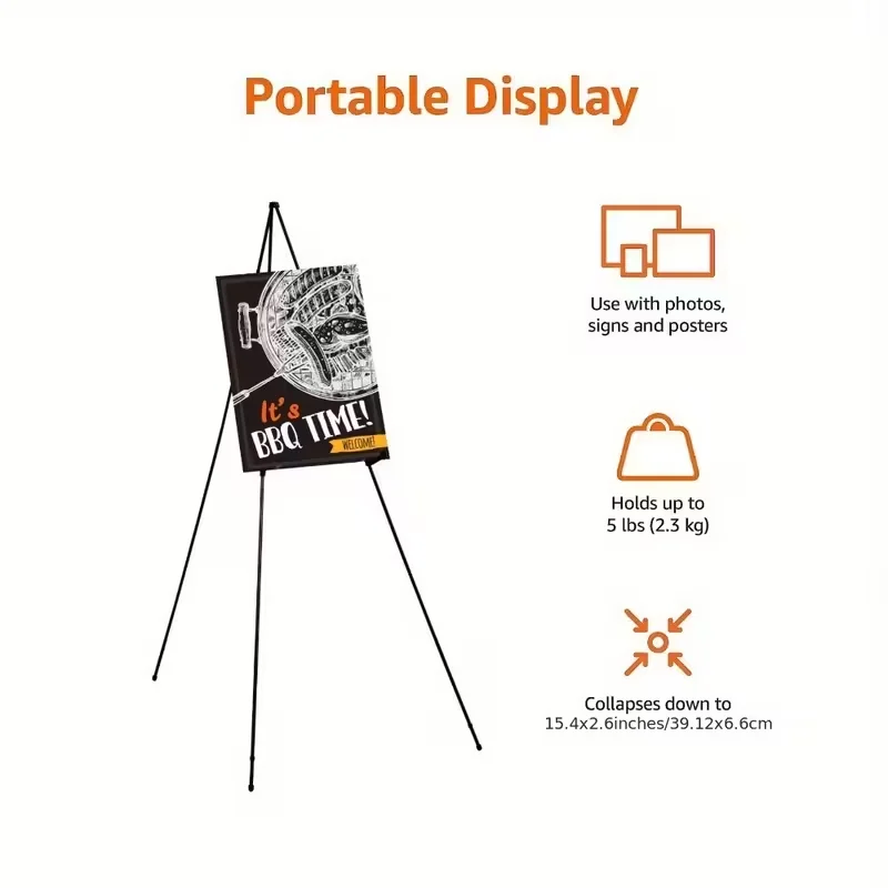 Portable Height Adjustable Triangular Metal Easel Black Flower Design Sign Holder for Poster Photo Frame Wedding Event Home