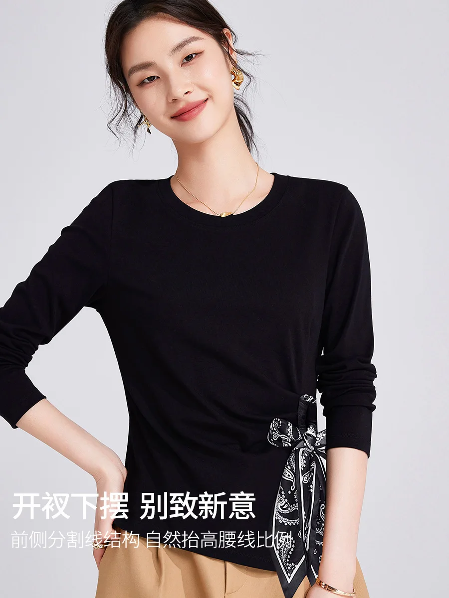 Women's White Long Sleeve T-Shirt 2025 Scarf Detail Top Irregular Hem Premium Feel Must Have Chic Fall Basic Women Clothes