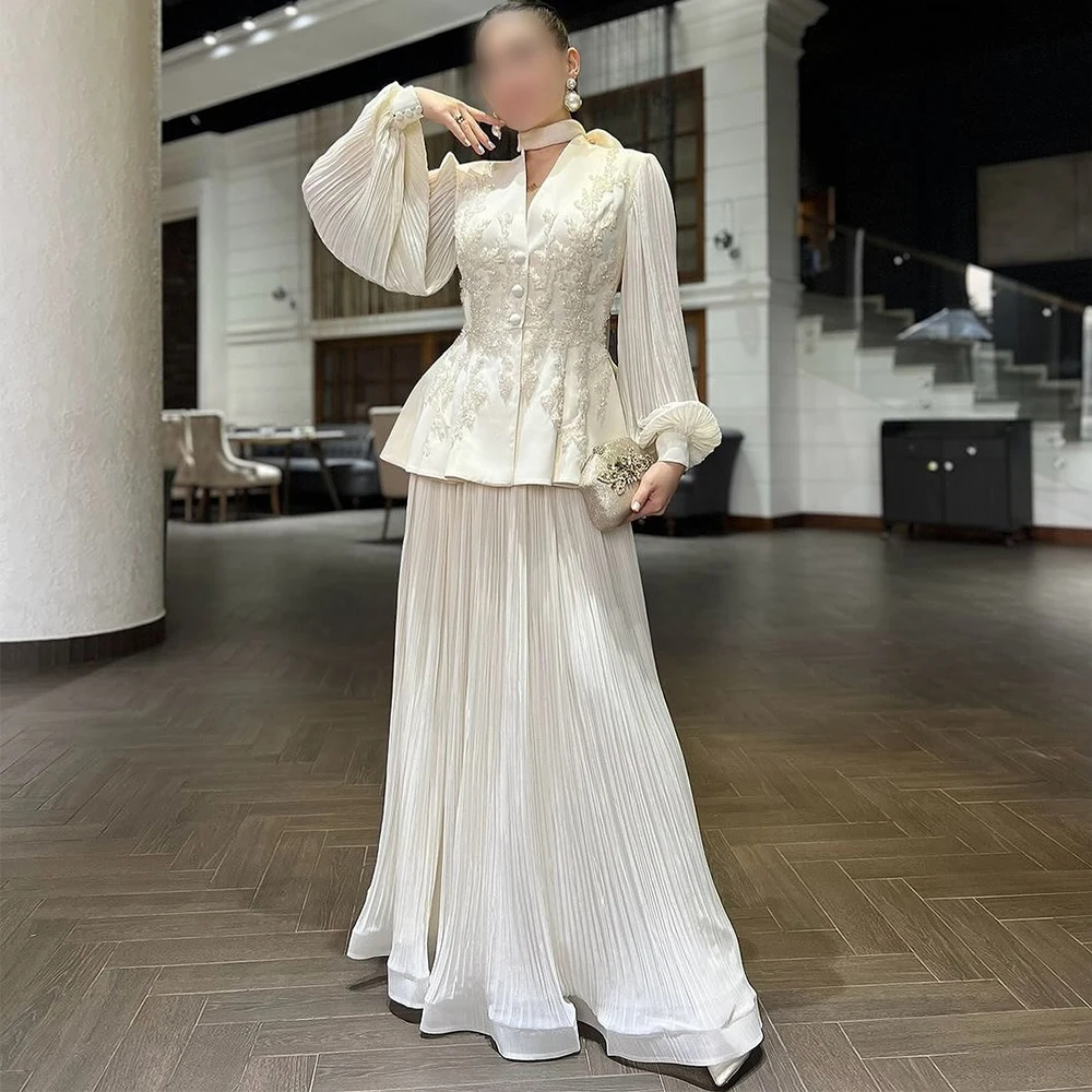 

Customized Luxury Prom Dress Beading Applique Pleated Chiffon Long Sleeves Prom Gowns for Women 2026 Ruffle A Line Party Dresses