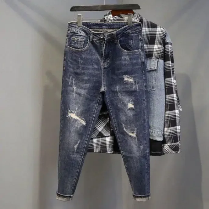 

LIBIELIY European And American Men's Fashionable Skinny Denim Long Pants With Patches And Ripped Holes For Spring And Autumn.