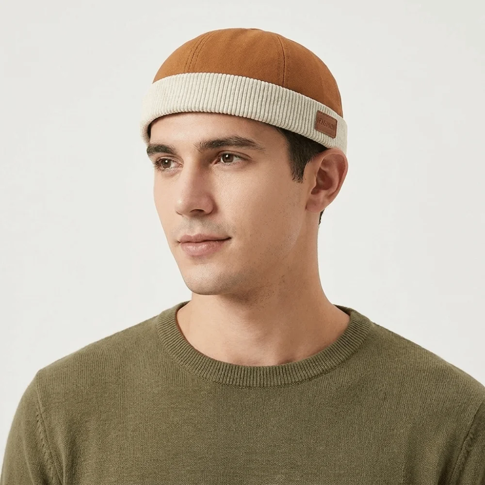 Casual Corduroy Splicing Dome Melon Cap Brimless Adjustable Landlord Hat Solid Color Beanies Bucket Cap Men