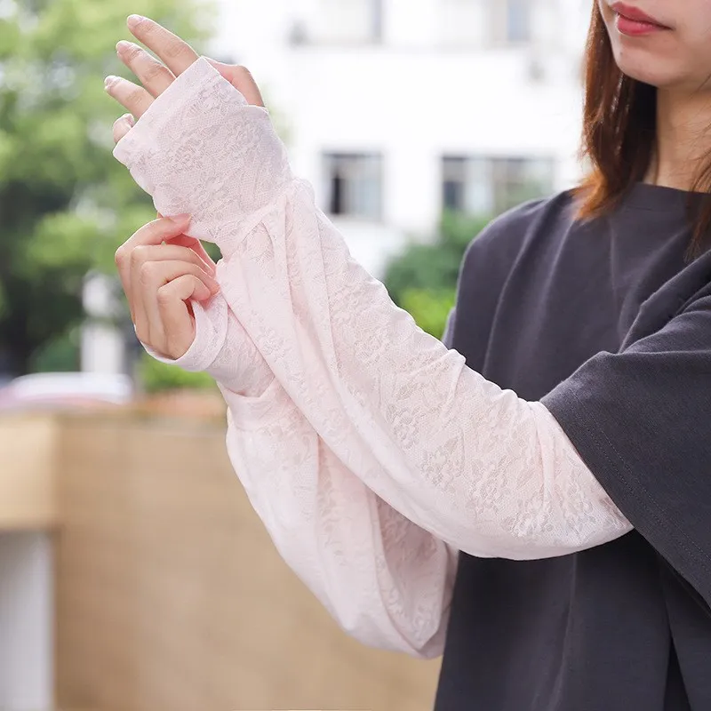 

Summer Lace Uv Solar Arm Sleeves Woman Loose Long Fingerless Gloves Driving Elastic Suncreen Arm Sleeve Solid Wrist Mitten