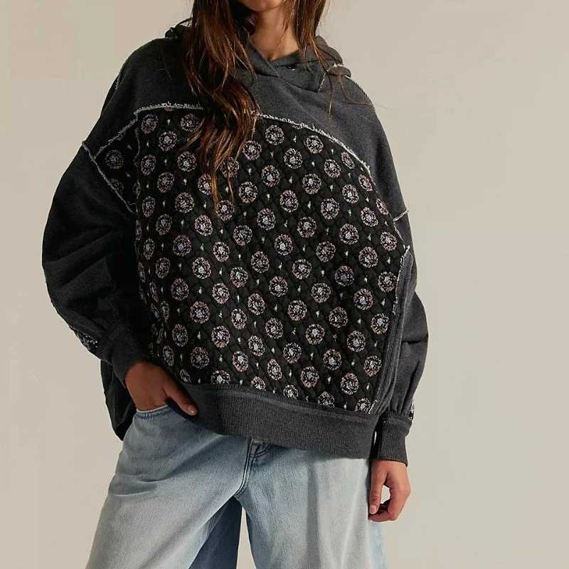 2025, Herbst und Winter, neuer Damen-Kapuzenpullover, besticktes Spleißen-Sweatshirt, Kapuzenpullover, lässiges Oberteil für Damen