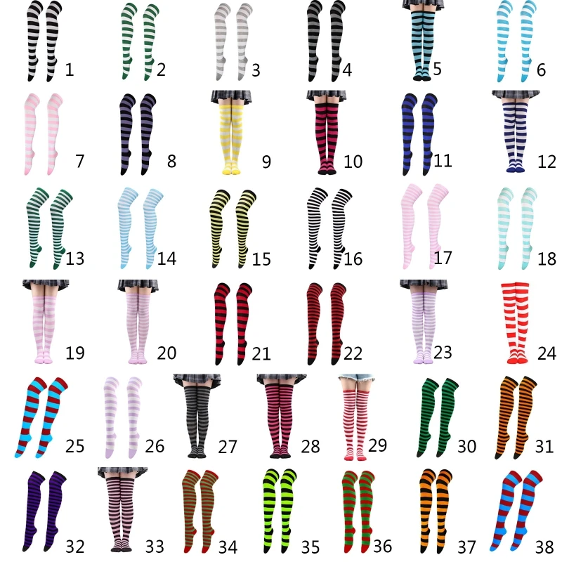 Women Striped Print Over Knee Long Socks Thigh High Stockings for Christmas Halloween Anime Cosplay Costume Accessories M6CD