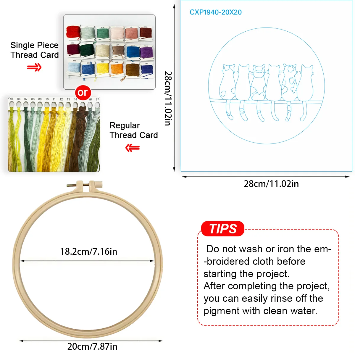 1 Stück 20X20CM/15X15CM 7,87/6,3 Zoll Katzen-Stickerei-Starter-Kit DIY-Kit DIY-Stickerei-Set Handarbeiten Nähkunst Heimdekoration – Detail 4