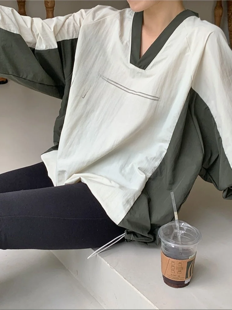 Mole f com capuz, estilo retrô esportivo casual, estampa de letras, blocos de cores, decote em V, soltinho, manga c...