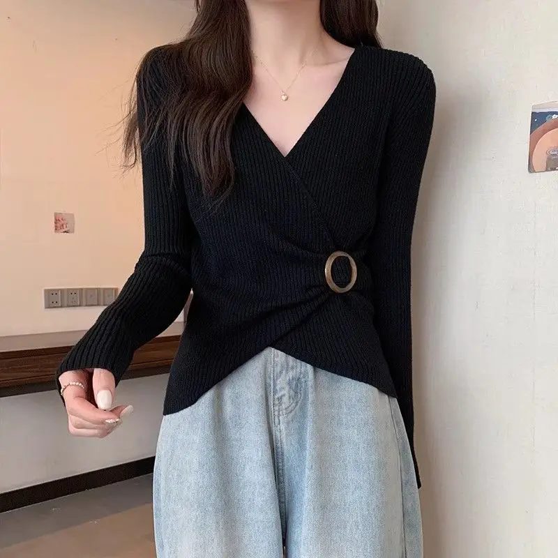 Irregular Fashion Autumn Winter Women\'s 2024 New Splicing V-neck Screw Thread Solid Color Slim Casual Long Sleeve Knitted Tops