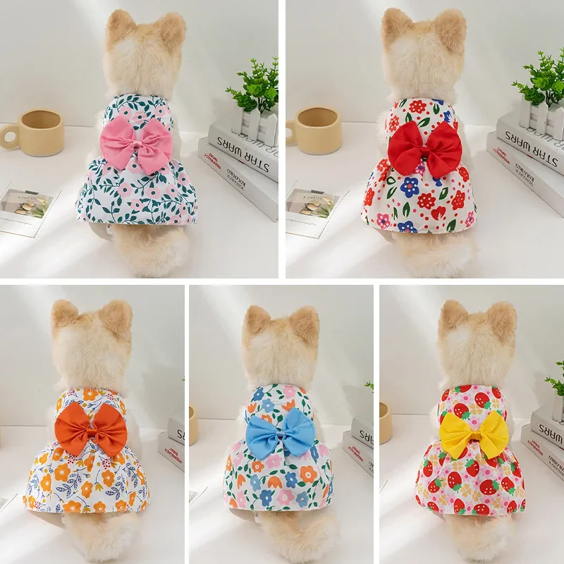 

Dog Princess Dress Print Summer with Bowknot Button Sweet Cute Puppy Cat Skirt Thin Pets Wedding Party Chihuahua Clothes