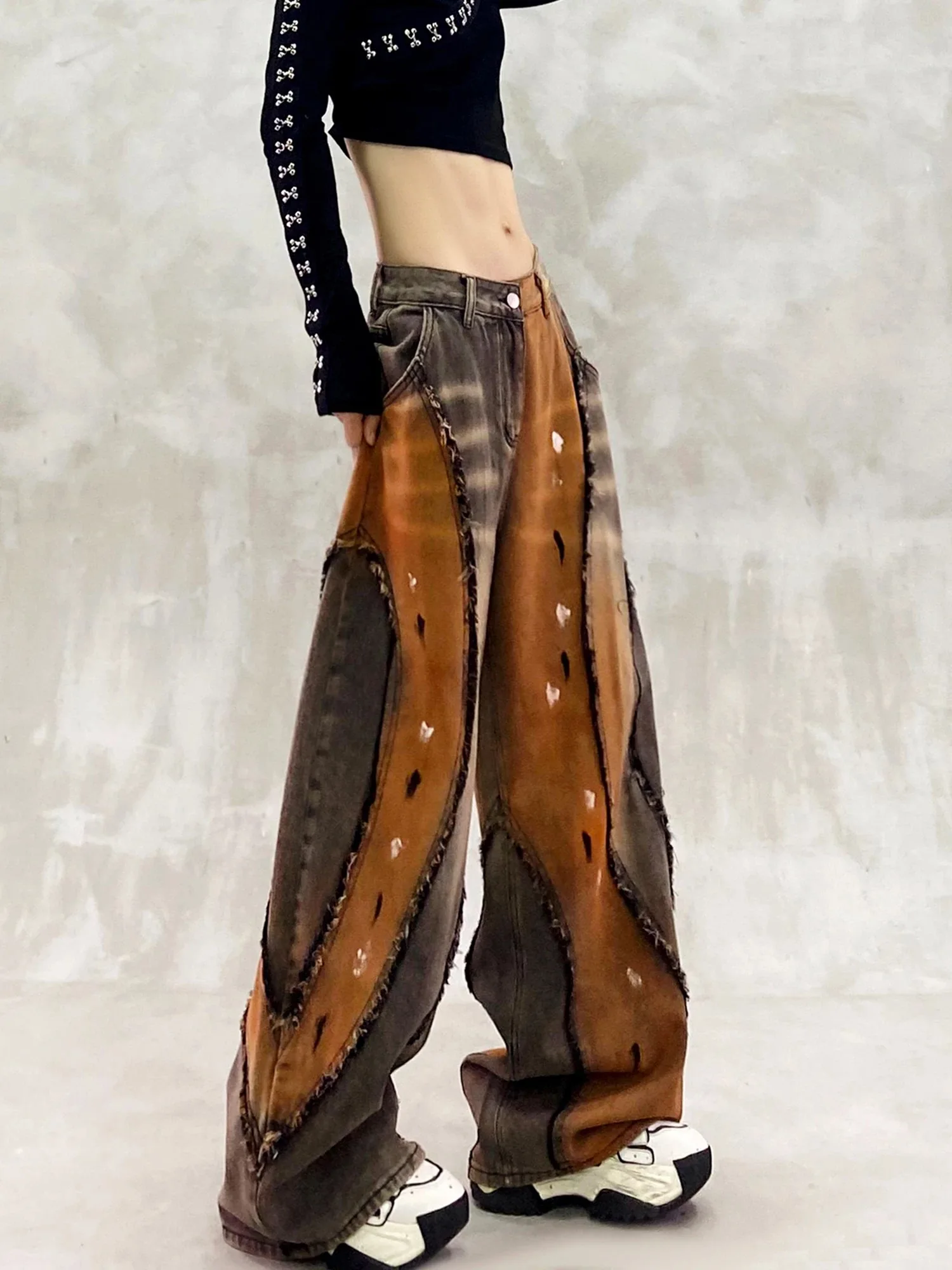 Y2K American Street Pants Women Wasteland Style Worn Wide Leg Autumn Erosion Damage Edging Jeans Fashion