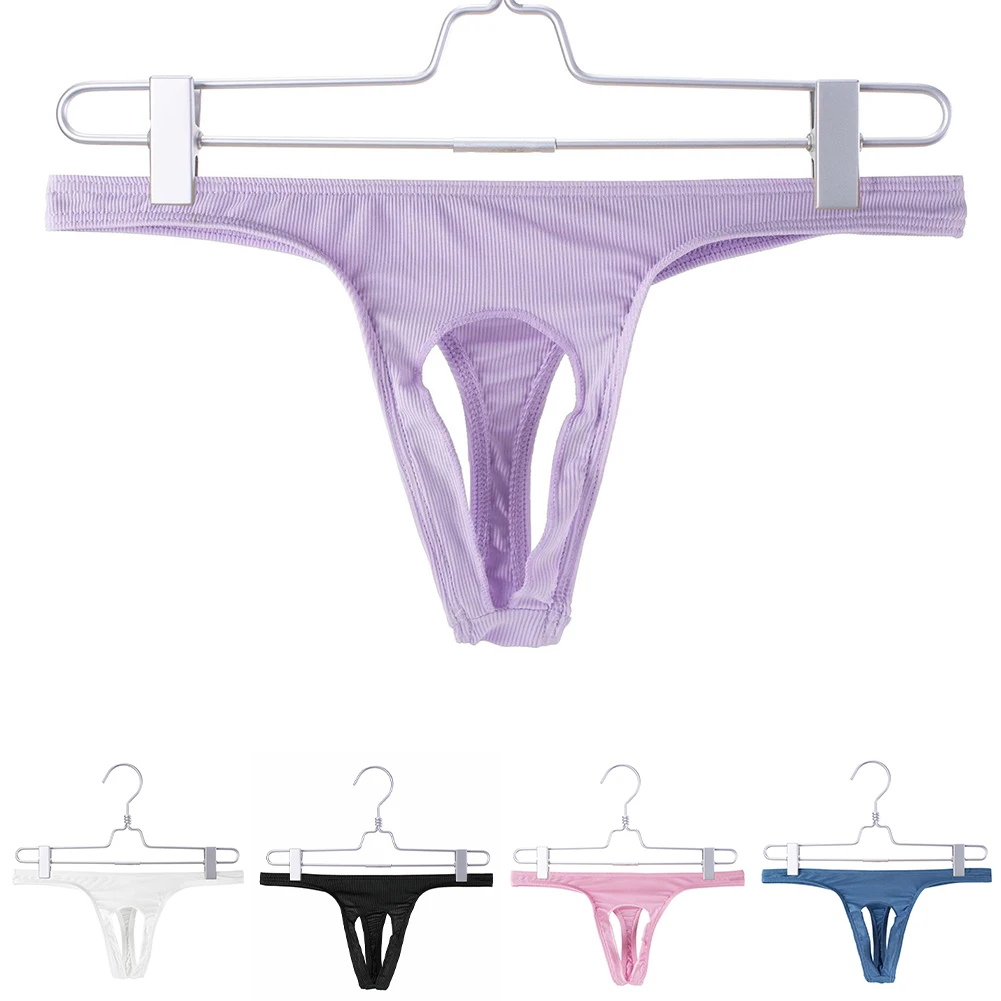 Mens Exotic Lingerie Underwear Low Waist Open Pouch Hole Thong T-back Briefs Underpants Man Stretch G-strings