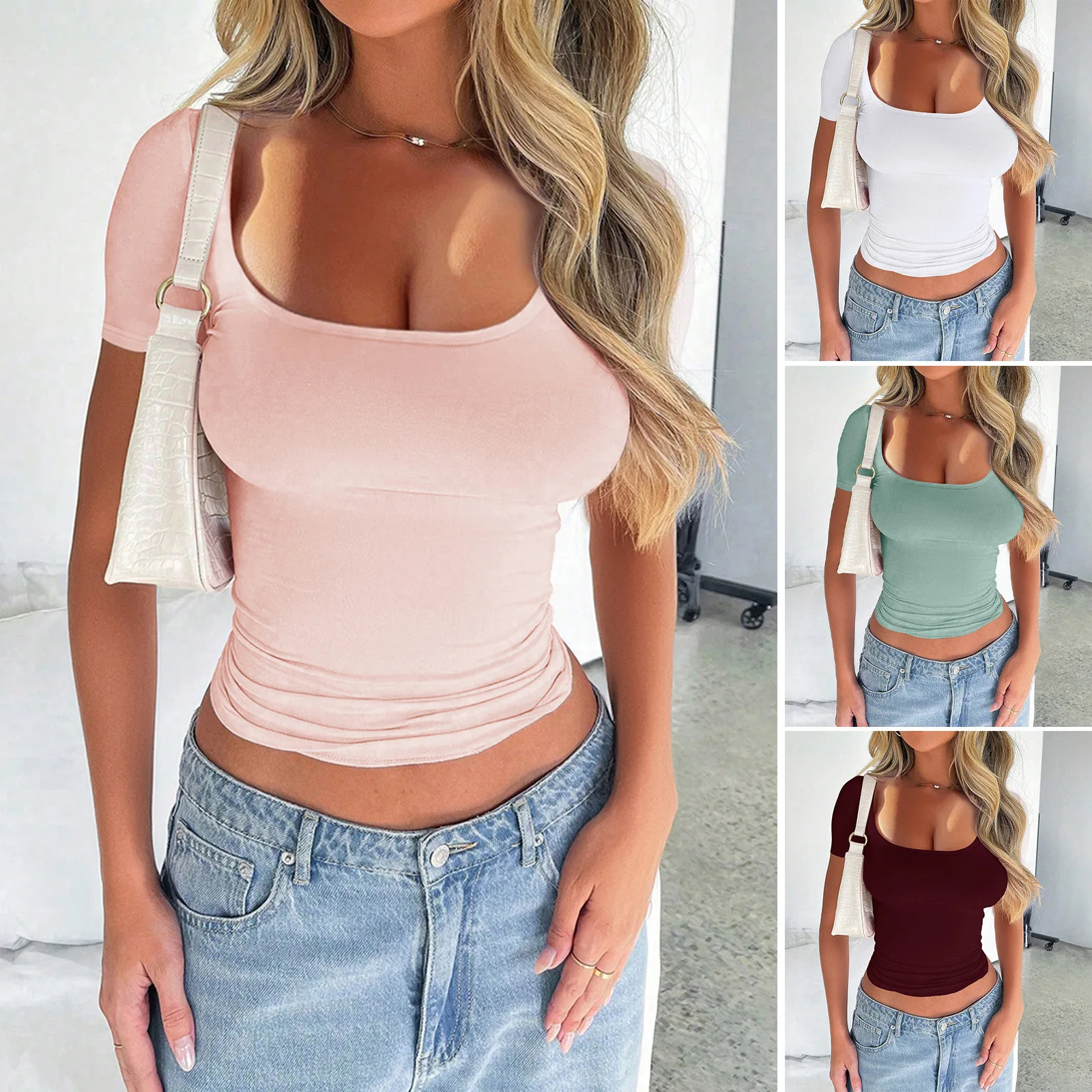 YJKDYK 2025 Summer Women's T-shirt Solid Color O-neck Ladies Short Sleeve Tops Y2K Sexy Slim Fit Tops Women's Summer Blouse