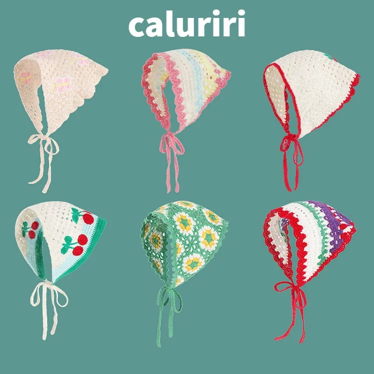 

Dopamine Cute Sweet Knitted Triangle Towel Female Idyllic Seaside Vacation Photo Sunscreen Bag Head Scarf Headband