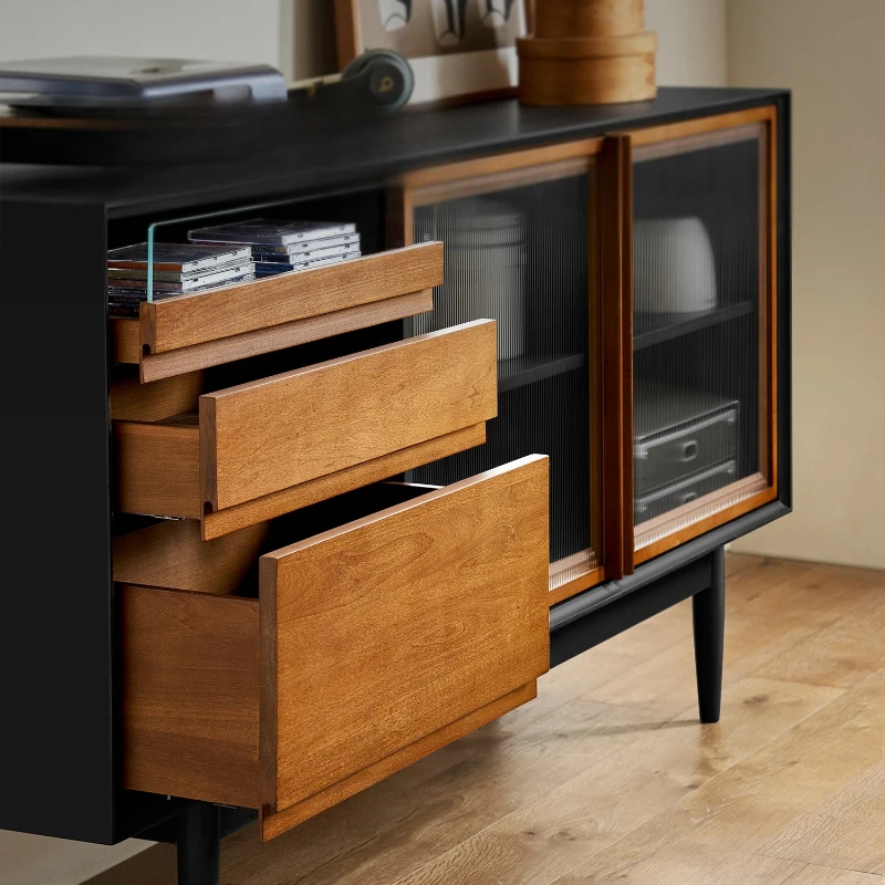 French color matching barrel cabinet | Healing solid wood side cabinet, retro storage aesthetics customized for coffee corner |