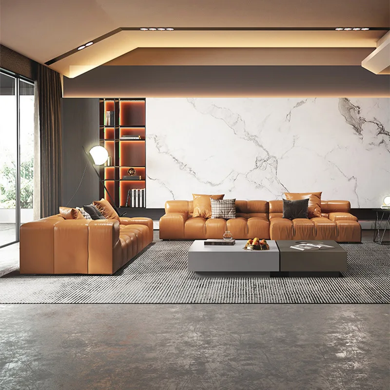 Italian Leather Chocolate Sofa Living Room Large Apartment Minimalist Internet Celebrity Puff Module Combination First Layer Cow