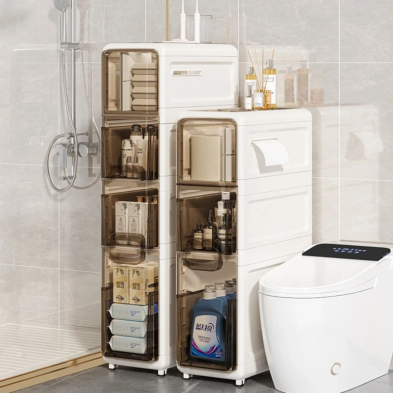 

Nordic Simple Storage Racks Bathroom Narrow Gap Storage Cabinet with Pulley Floor-standing Muilti-layer Toilet Bathroom Cabinet