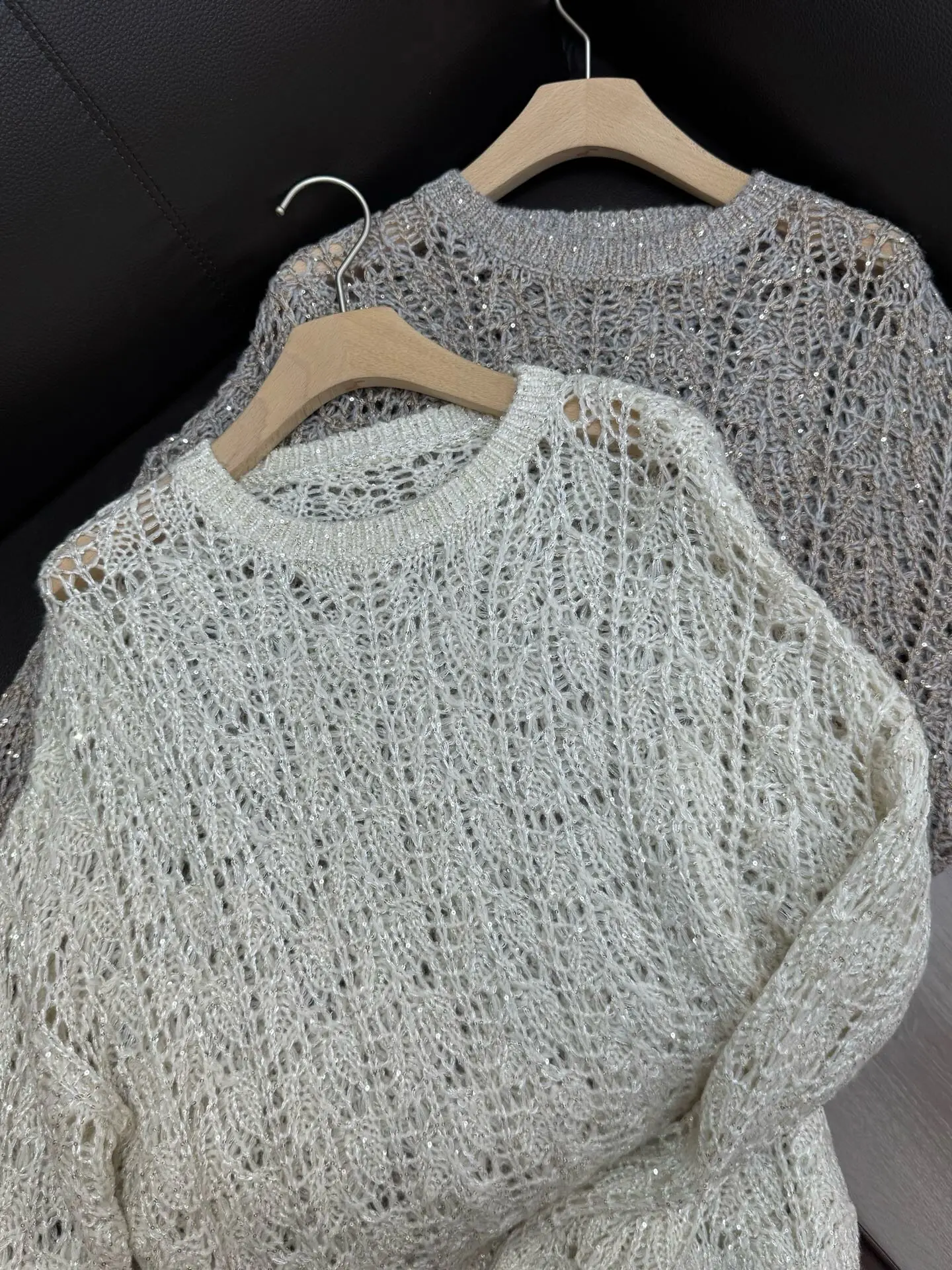 26 Spring Autumn New Women's High Quality Round Neck Hollow Glitter Cashmere Wool Knitted Sweater