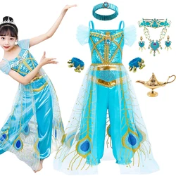Jasmine Cosplay Princess Dress For Girls Halloween Carnival Party Clothes Kids Stage Performance Disguise Costume Sets