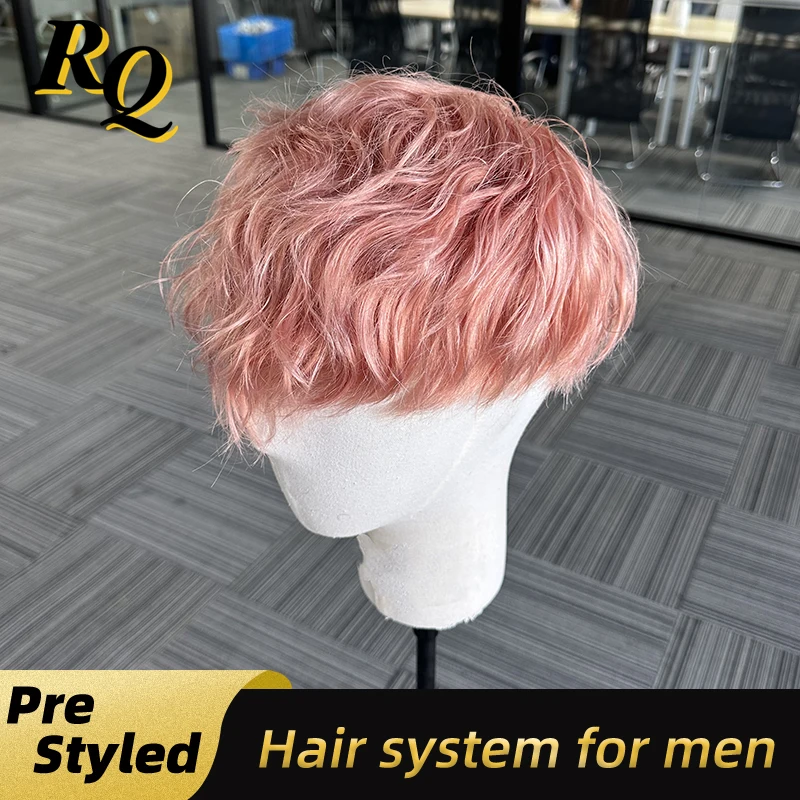 Pre Style Color Full Lace Base Toupee Pink Color Style Fashion Real Human Hair Male Wig Replacement Toupee Hair Prosthesis