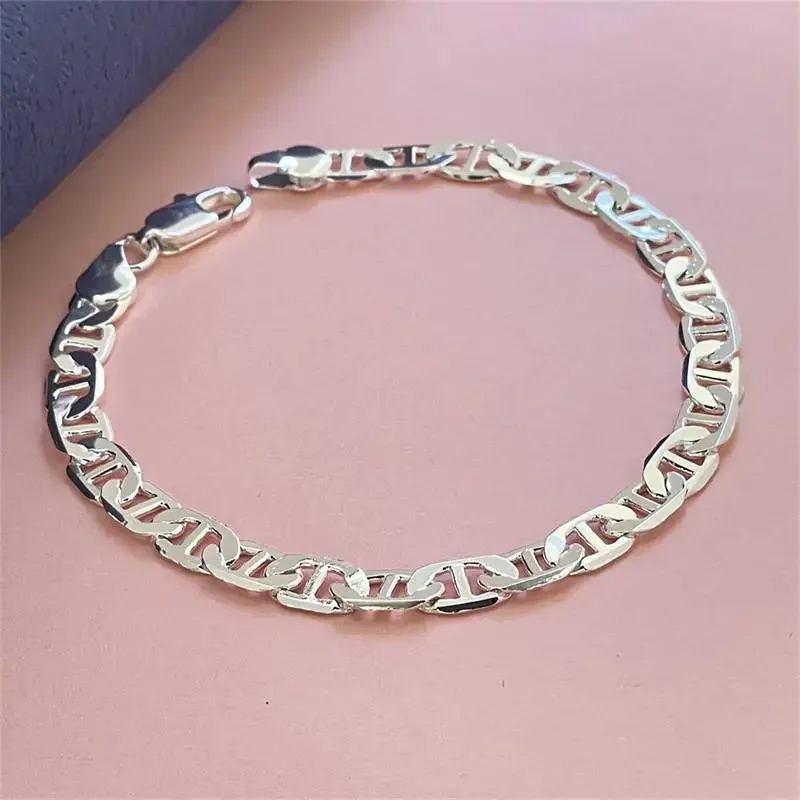 

925 Sterling Silver custom 6mm Side Shaped Bracelet For Men Women original Jewelry wedding party Gift 20cm 8inch