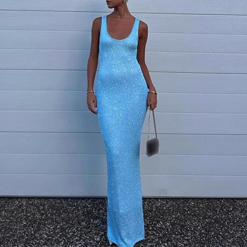 

Holiday Beach Solid Color Waist A-line Dresses Fashion O Neck Slim Knit Long Dress New 2025 Casual Sleeveless Bodycon Vest Dress