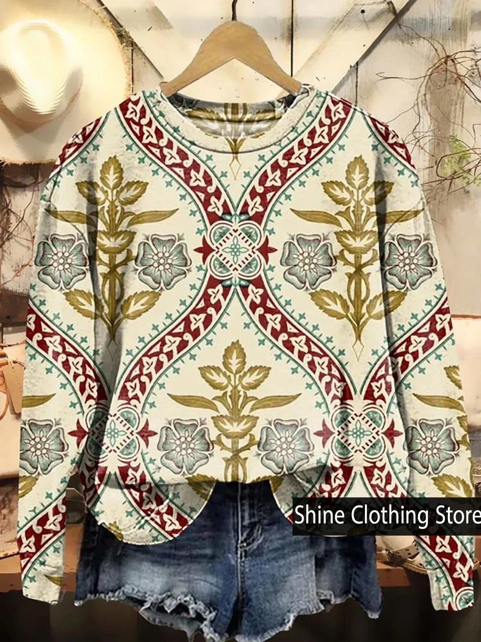 Autumn New Arrivals Women’s Ethnic Floral Design Graphic Print Relaxed Sweatshirt,Women's Clothing,size S To 3XL