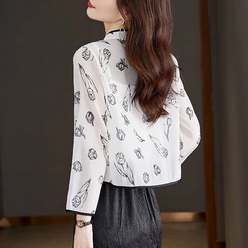 2024 Summer Women Vintage Chinese Style Cardigan Shirt Fashion Print Chiffon Sunscreen Shawl Elegant Chic Long Sleeve Loose Tops