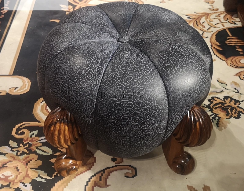 Imported African Golden Wood Solid Wood Carved Leather Pumpkin Small Low Stool