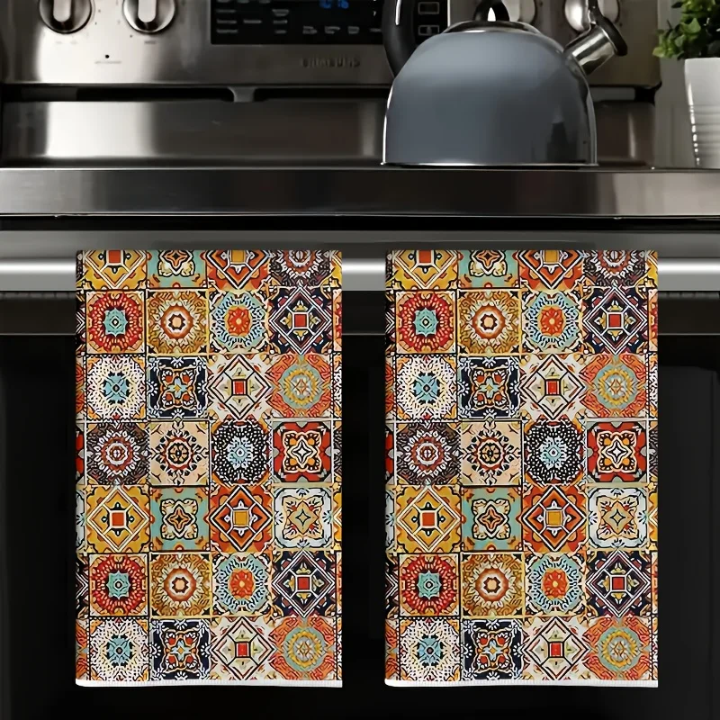 2Pcs, Bohemian Style Colorful Geometric Pattern Kitchen Towels, 40Cm*60Cm Towel Set, Super Absorbent Soft Cleaning Cloth, Cooking and Baking Tea Towel, Hand Towel, Cleaning Cloth, Dishcloth, Kitchen Decoration, Living Room Decoration, Kitchen Essentials, Home Essentials