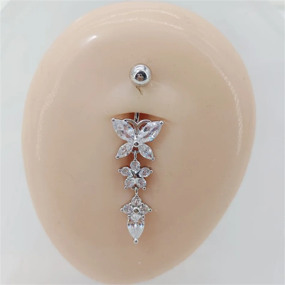 CZ Zircon Butterfly Dangle Belly Button Ring 14G