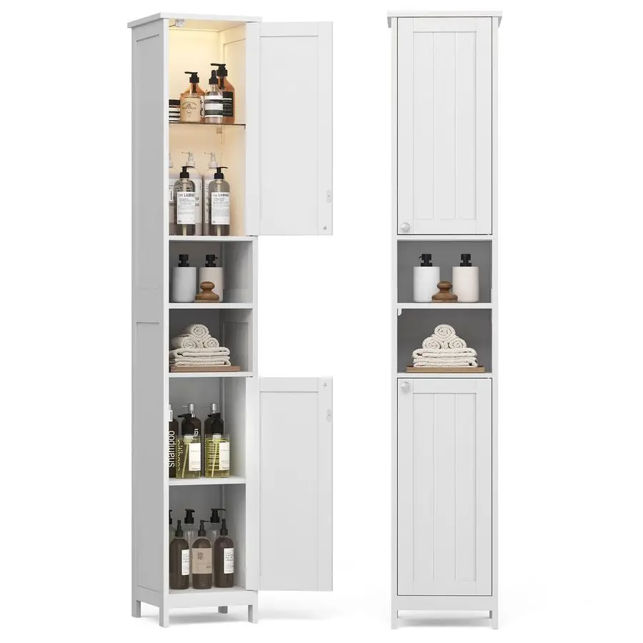 

Tall Storage Cabinet with Lights, Slim Freestanding Cabinet with Adjustable Shelves, for Small Spaces, Bathroom, Living Room, M