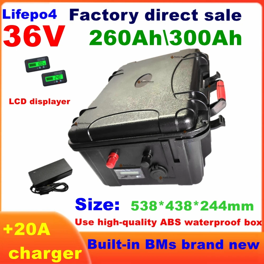 Waterproof 36V 260Ah 300Ah LiFepo4 lithium battery pack with BMS for fishing boats solar system motor EV RV+20A charger