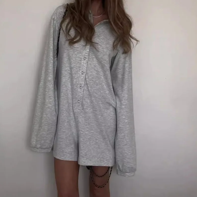 

Street Wear Grey Loose Jumpsuits Fashionable Button Long Sleeve Women's Game Set Y2k Aesthetic Women's Solid Color Set Harajuku