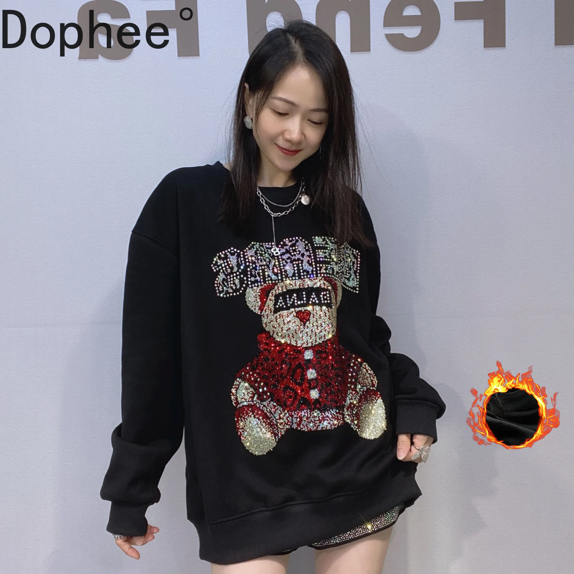 

Oversize Long Sleeve Women Hoodies New Autumn Winter Thicken Velvet Round Neck Pullover Top Cute Bear Diamonds Casual Sweatshirt