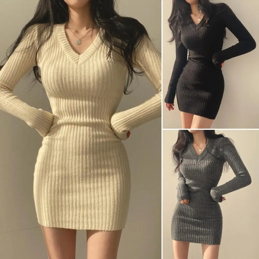 

Chic Sweater Dress Elastic Winter Sweater Dress Slim Fit Soft Anti-pilling Mini Dress Warm